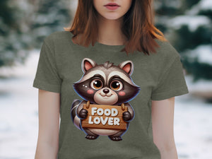 Cartoon raccoon holding a wooden sign that says "FOOD LOVER".