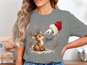 A reindeer with a red nose is booped by Santa's finger, with "Boop!" text.