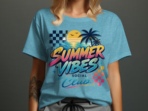 Blue t-shirt with "Summer Vibes Social Club" graphic featuring a sunset over ocean and palm trees.