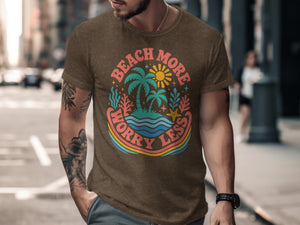 Brown t-shirt with circular beach graphic and text "Beach More Worry Less".