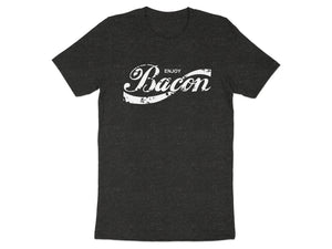 Dark grey t-shirt with white "Enjoy Bacon" text.