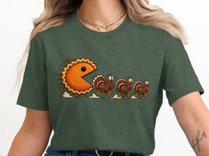 Pie slice chasing scared turkeys in a video game style.