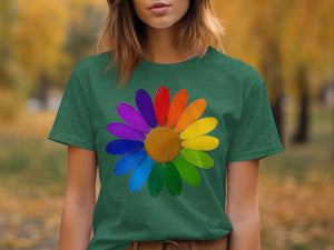 Green t-shirt with a colorful rainbow flower graphic on chest.