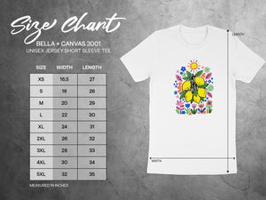 Bella + Canvas 3001 unisex size chart with width and length measurements in inches.