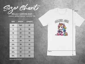 Bella + Canvas 3001 unisex tee size chart with dimensions and gamer girl unicorn graphic.