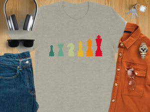 Gray t-shirt with colorful, retro chess pieces graphic.