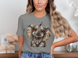 Gray t-shirt with a graphic of a cute elephant wearing glasses and a diamond necklace.