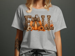 Grey t-shirt with "FALL" text featuring a pumpkin and floral accents.