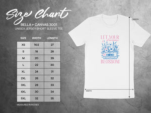 Bella + Canvas 3001 unisex tee size chart with width and length measurements in inches.