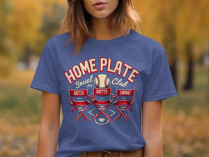 Blue t-shirt with "Home Plate Social Club" graphic, baseball, and director chairs.