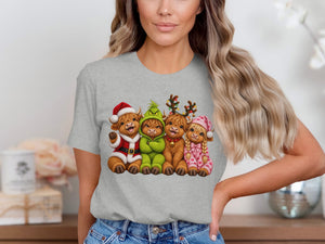 Four Highland cows dressed in Christmas attire, including Santa suit, Grinch costume, and pajamas.