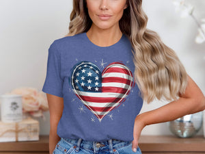 Blue t-shirt with a heart graphic of the American flag.