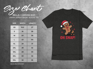 Size chart for Bella + Canvas 3001 unisex short sleeve tee with gingerbread man graphic.