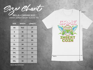 Bella + Canvas 3001 unisex tee size chart with width and length measurements in inches.