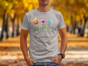 Grey t-shirt with watercolor flowers, birds, and "Summer Vibes" text.