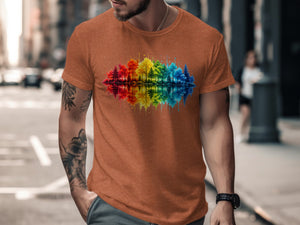 T-shirt with a rainbow forest and reflection design.