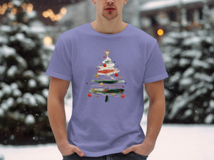 Purple t-shirt with watercolor Christmas tree graphic and bokeh background.