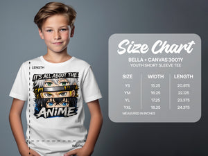 Boy wearing a white t-shirt with anime eyes graphic and a size chart.