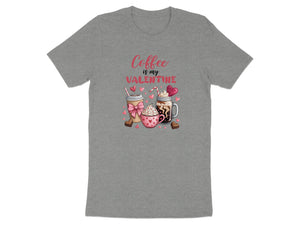 T-shirt with "Coffee is my Valentine" text and coffee drinks.