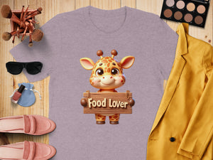 Lilac t-shirt with a cartoon giraffe holding a "Food Lover" sign.