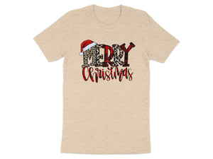 Beige t-shirt with "MERRY Christmas" text, Santa hat, and leopard and plaid patterns.