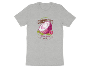Grey t-shirt with a coconut graphic and text "Island Harvest" and "Sunday Farmer Market".