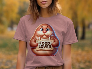 Illustration of cartoon walrus holding a sign that says "FOOD LOVER".