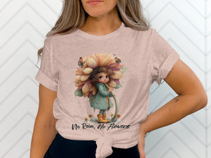 Illustration of a girl holding a sunflower with butterflies and the text "No Rain, No Flowers."