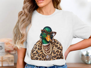 Mallard duck wearing glasses, pearls, leopard fur coat, and diamond jewelry.