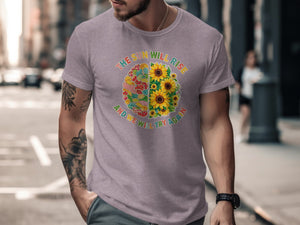T-shirt with colorful brain graphic featuring sunflowers and patchwork, text: THE SUN WILL RISE AND WE WILL TRY AGAIN.
