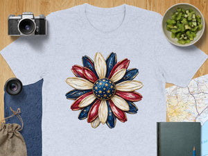 Gray t-shirt with a patriotic flower graphic on the front.