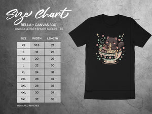 BELLA + CANVAS 3001 unisex t-shirt size chart in inches with cute cat graphic.