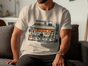 T-shirt graphic features a ramen shop with "Ichiraku" and Japanese text.