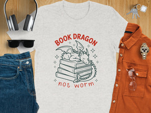Light gray t-shirt with "Book Dragon not worm" text and a dragon on books graphic.