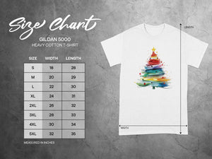 Gildan 5000 heavy cotton t-shirt size chart with measurements in inches.