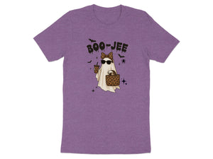 Ghost with leopard print bow and bag, holding iced coffee, with "Boo-Jee" text.