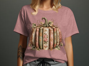 T-shirt with a pumpkin graphic made of vintage books with rose and leaf accents.