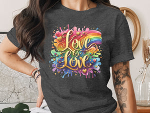 Dark t-shirt with "Love & Love" text, rainbow, and hearts design.