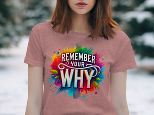 T-shirt with colorful "Remember Your Why" graphic and floral accents.