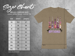 Size chart for Bella + Canvas 3001 unisex short sleeve tee with measurements.