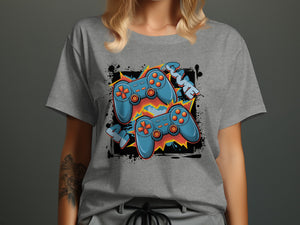 Grey t-shirt with blue video game controllers and "Game" text.