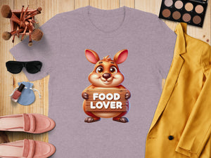 Lilac t-shirt with cartoon kangaroo holding a "FOOD LOVER" sign.