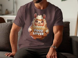 Cartoon alpaca holds wooden sign saying "FOOD LOVER" on brown t-shirt.