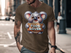 Cute cartoon koala with "FOOD LOVER" text on a wooden sign.
