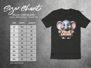 Size chart for Bella + Canvas 3001 unisex tee with cartoon elephant holding a "Food Lover" sign.