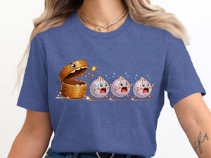 Cartoon dim sum characters with surprised faces run from a steaming basket.