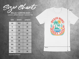 Bella + Canvas 3001 unisex t-shirt size chart showing width and length in inches.