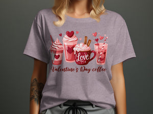Valentine's Day coffee graphic with cups, hearts, and text on a t-shirt.