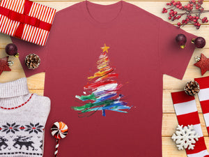 Red t-shirt with abstract colorful Christmas tree print and yellow star.