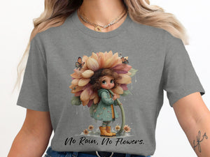 Girl holding sunflower with butterflies and text "No Rain, No Flowers."